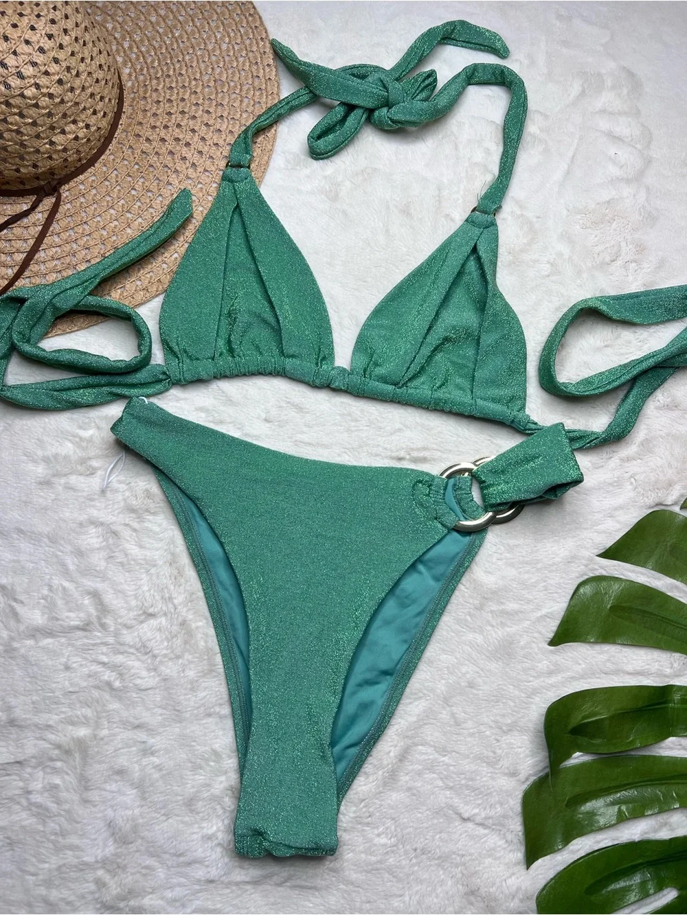 Monday Swimwear Bikini Set V XL Metallic Green Shimmer Triangle Top Ring Bottom
